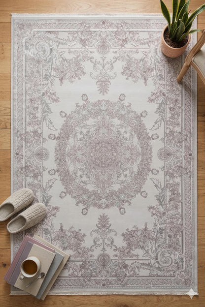7x10 ft, Classic beige medallion Bamboo Rug with fine Fringes
