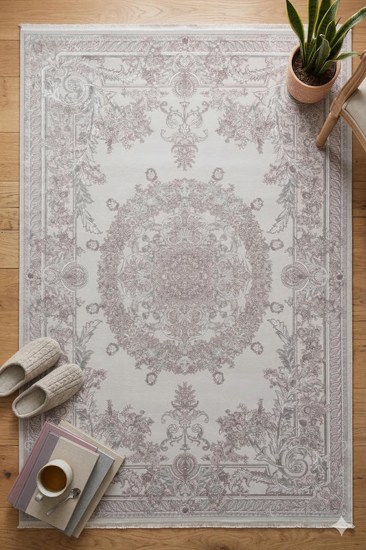7x10 ft, Classic beige medallion Bamboo Rug with fine Fringes