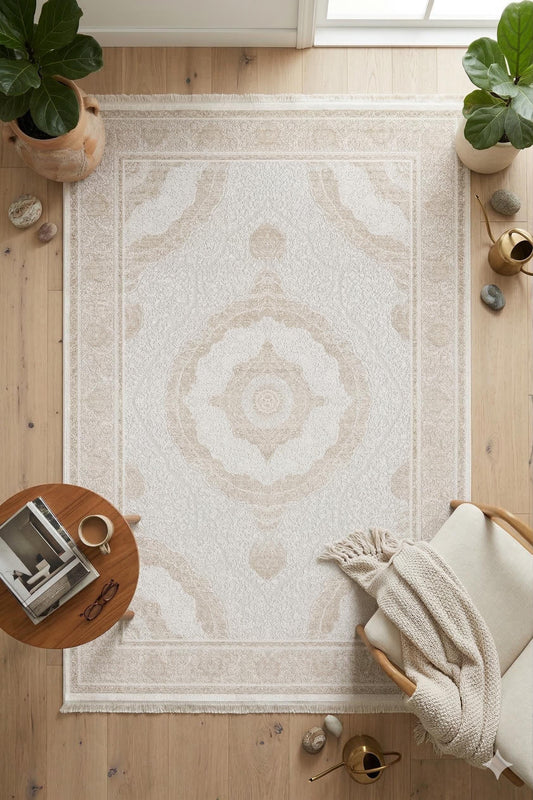 8x11 ft, Beige Classic oriental Bamboo Rug: Fine Medallion carpet