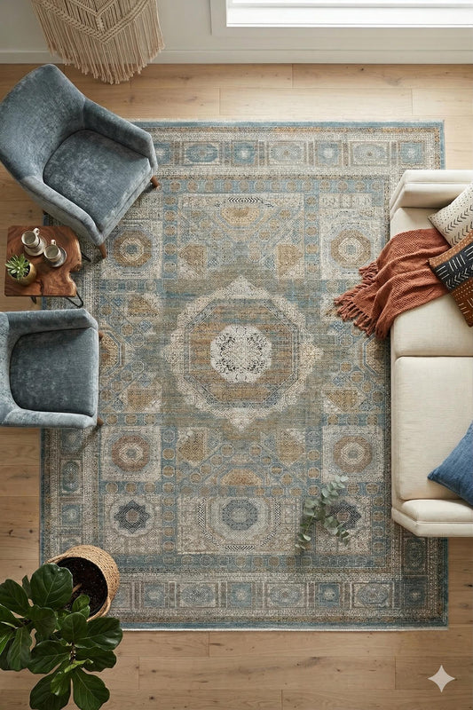 7x10 ft, Distressed Turkish Rug : Classic Bamboo carpet with fine Fringes