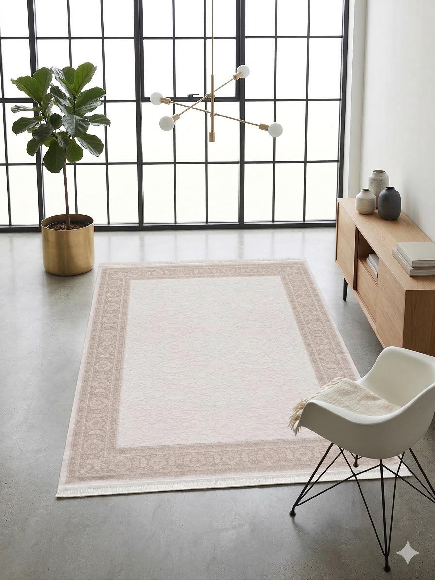 7x10 ft, Beige Classic border Rug: Beige Bamboo yarn carpet with fine fringes