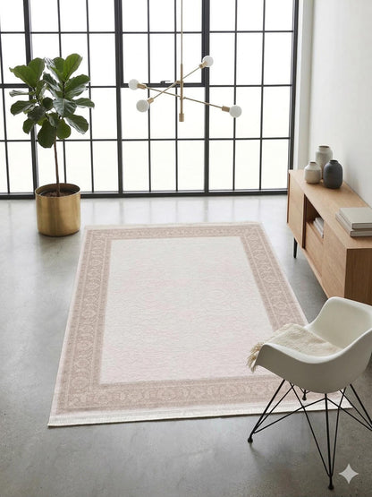 7x10 ft, Beige Classic border Rug: Beige Bamboo yarn carpet with fine fringes