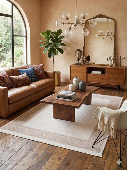 7x10 ft, Beige Classic border Rug: Beige Bamboo yarn carpet with fine fringes