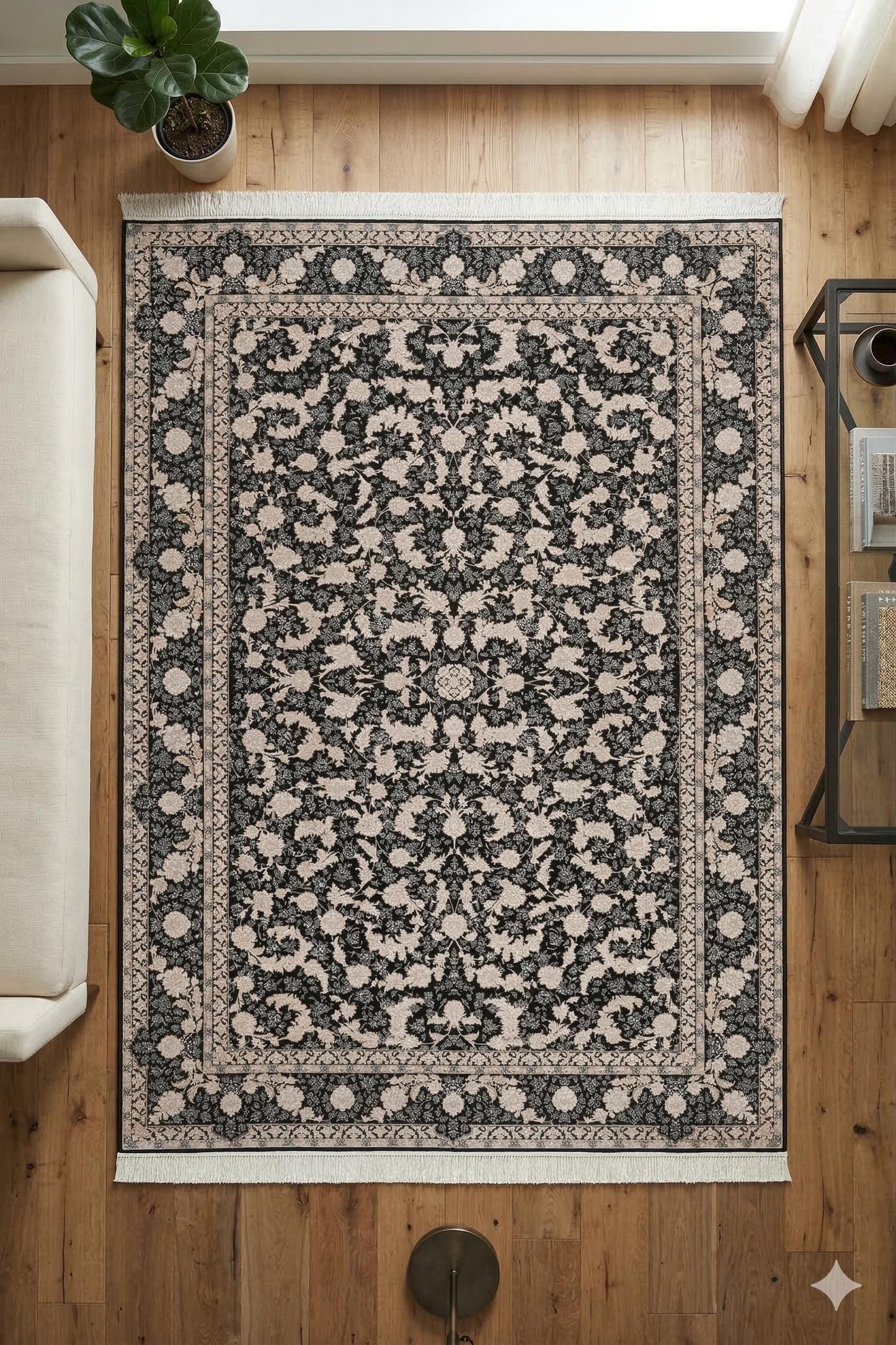 8x11 ft, Classic Black Silk Rug: Oriental black fine carpet with Fringes