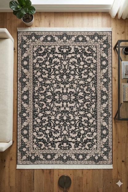 8x11 ft, Classic Black Silk Rug: Oriental black fine carpet with Fringes