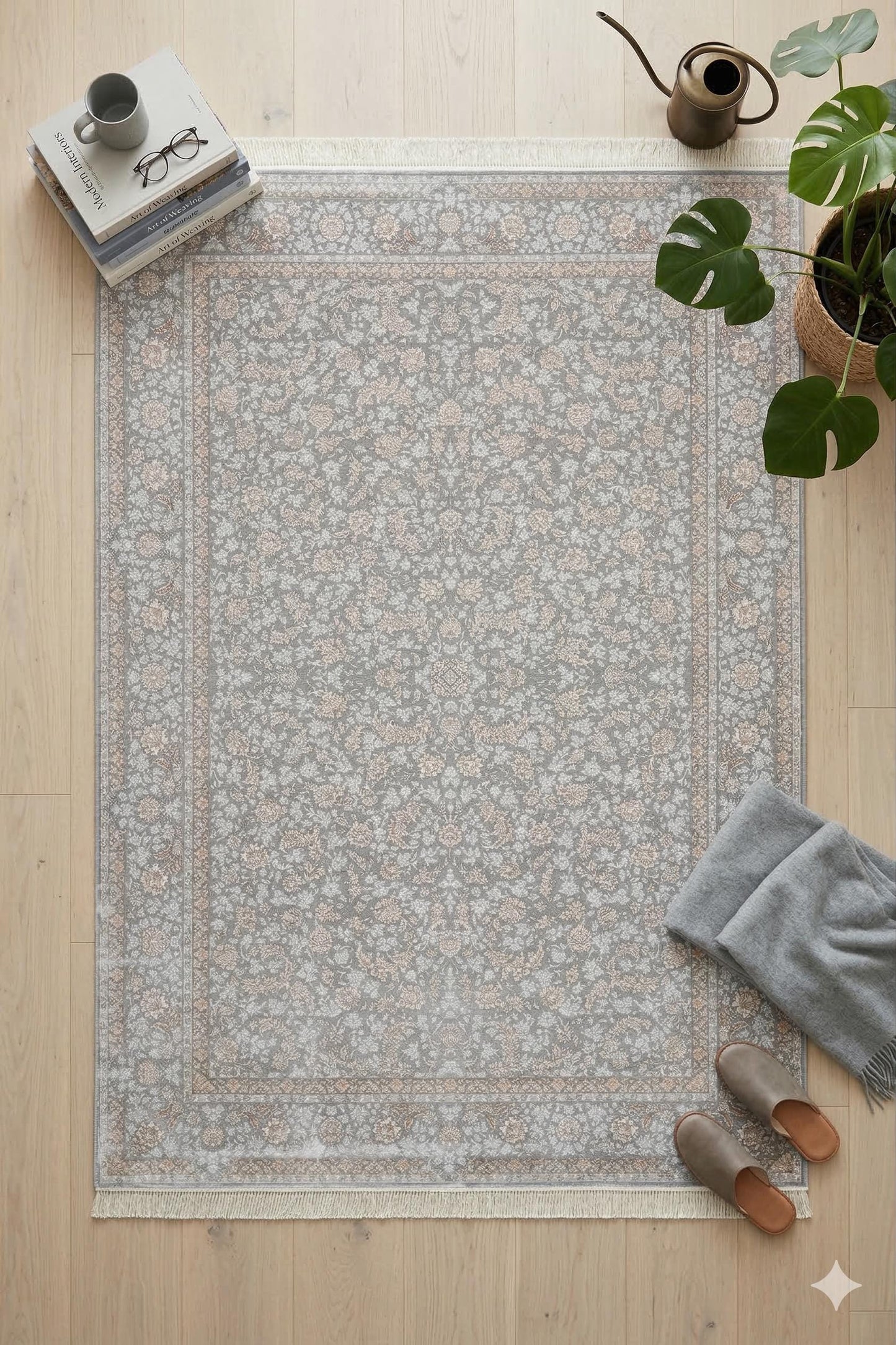 8x11 ft, Gray Oriental Silk Rug, Bamboo Yarn Floral Medallion Carpet