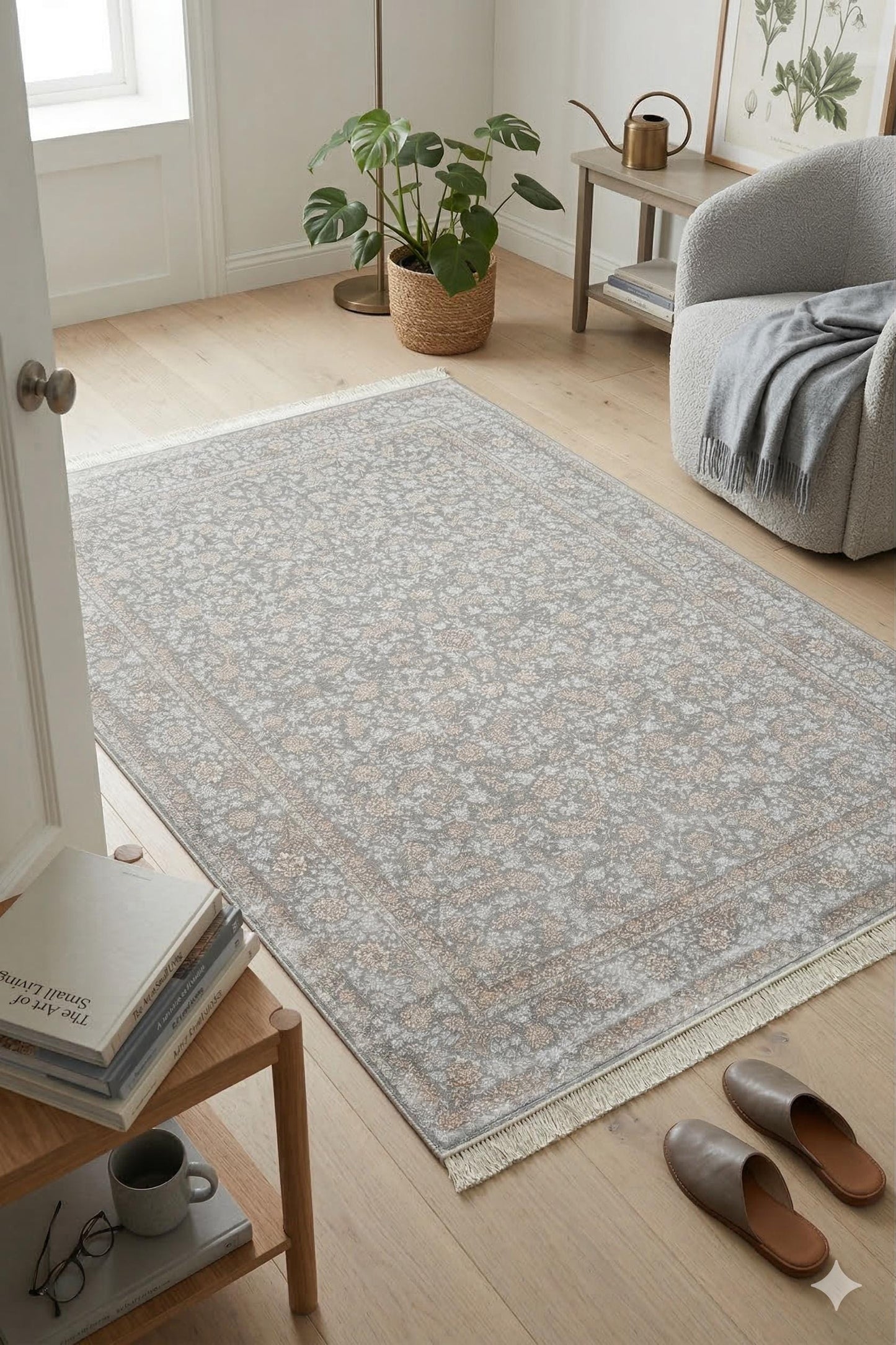 8x11 ft, Gray Oriental Silk Rug, Bamboo Yarn Floral Medallion Carpet