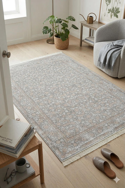 8x11 ft, Gray Oriental Silk Rug, Bamboo Yarn Floral Medallion Carpet