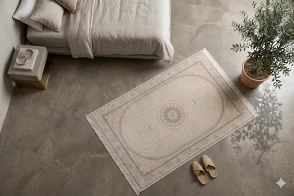 8x11 ft, Beige Classic oriental Silk medallion Rug made with viscose yarn