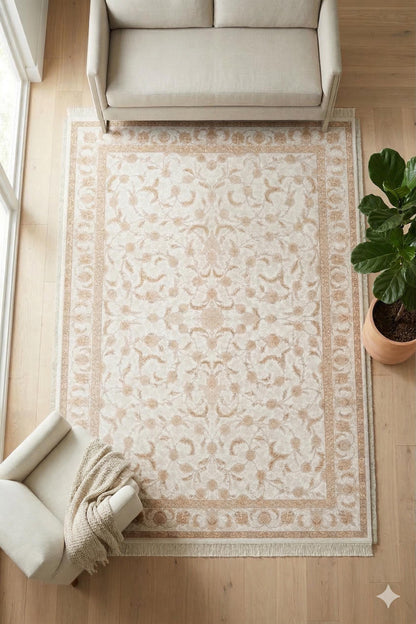 8x11 ft, Beige Floral Classic Silk Rug: Oriental carpet with fine tassels