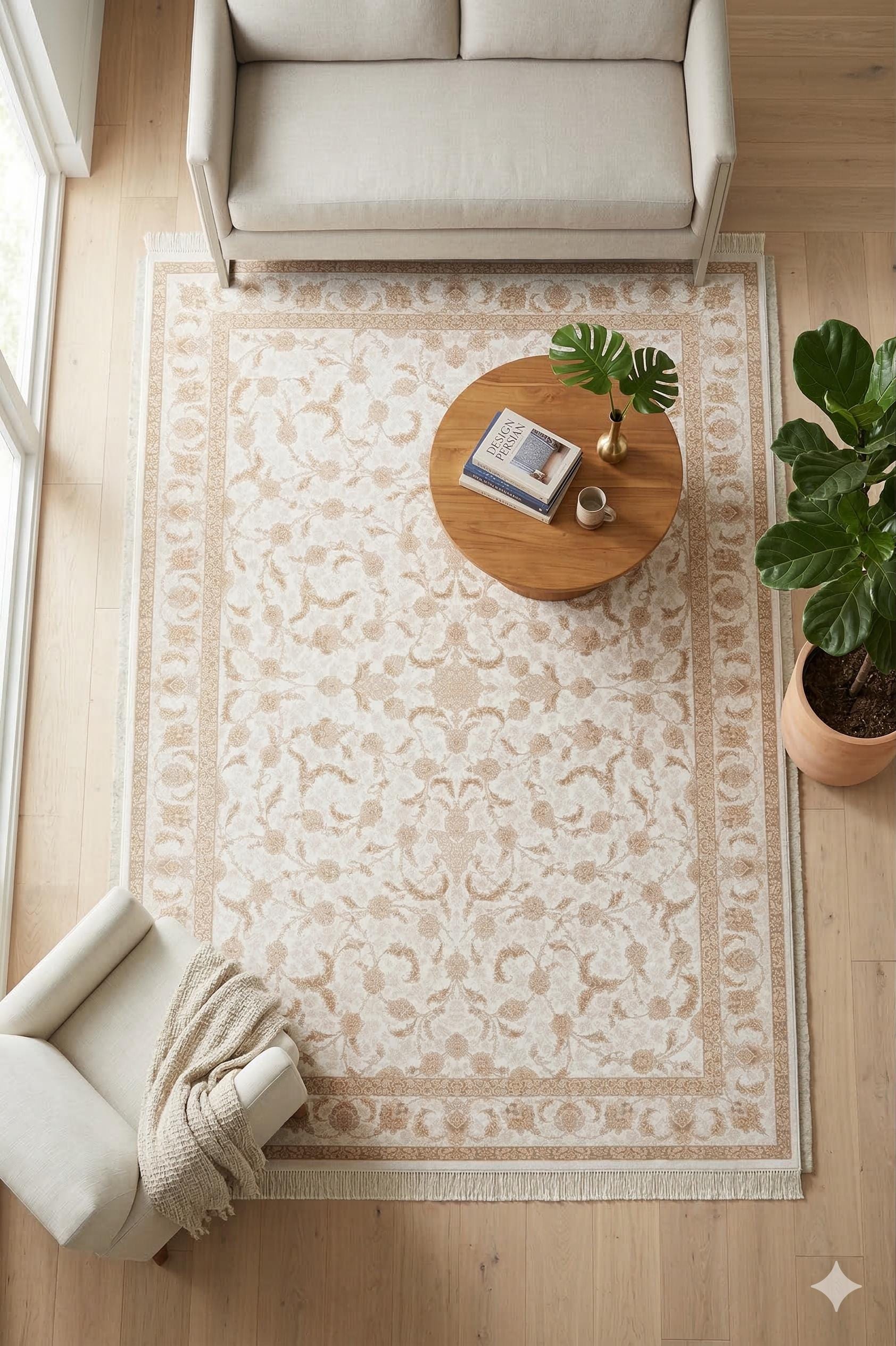 8x11 ft, Beige Floral Classic Silk Rug: Oriental carpet with fine tassels