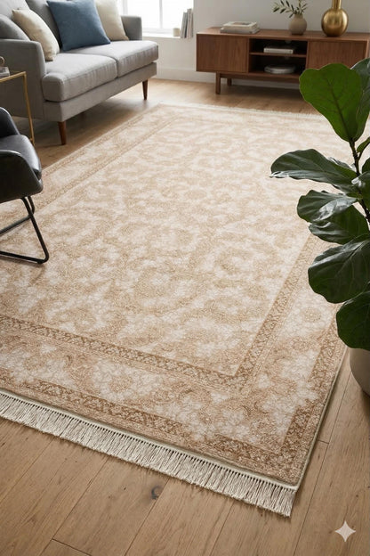 8x11 ft, Beige Floral Classic Silk Rug: Oriental carpet with fine tassels