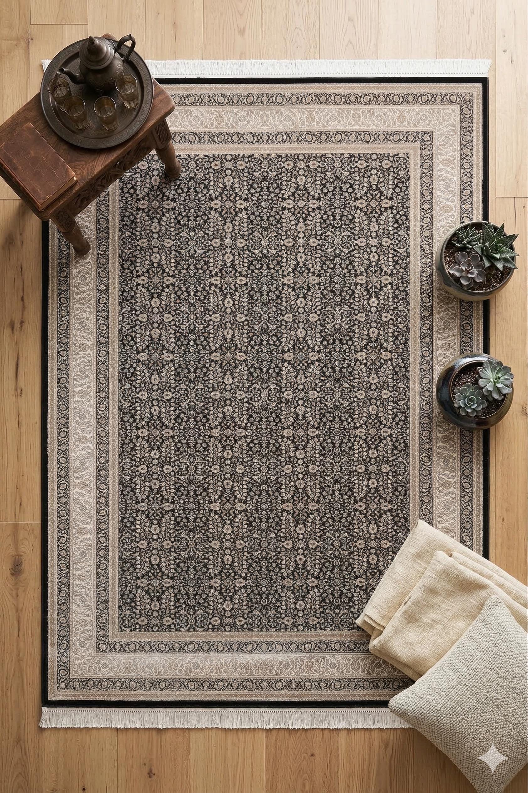 8x11 ft, Classic Black Silk Rug: Oriental black fine carpet with Fringes