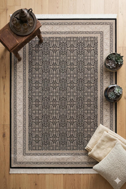 8x11 ft, Classic Black Silk Rug: Oriental black fine carpet with Fringes
