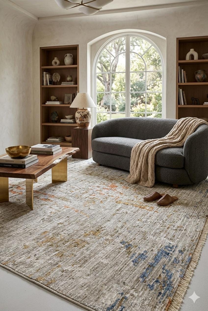 Abstract Area Rug | Distressed Impressionist Style, Blue Ochre Terracotta (7x10ft)