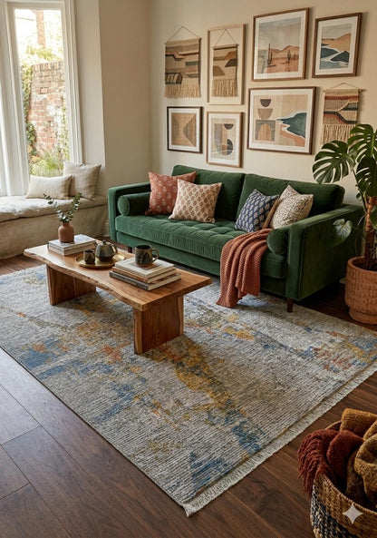 Abstract Area Rug | Distressed Impressionist Style, Blue Ochre Terracotta (7x10ft)