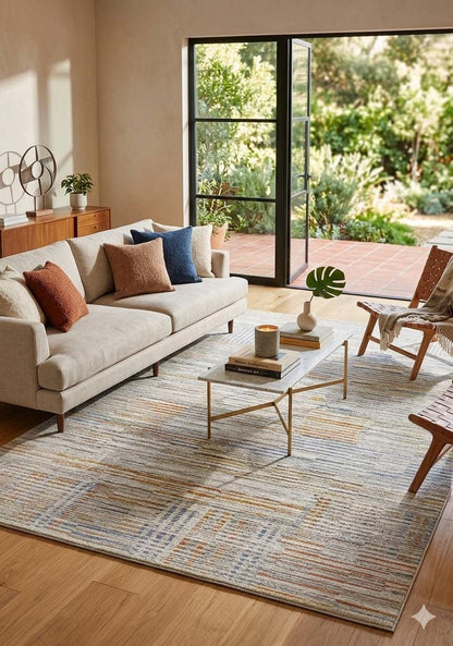 Modern Abstract Area Rug – Earthy Blue, Ochre, Grey Stripes (200x290cm)