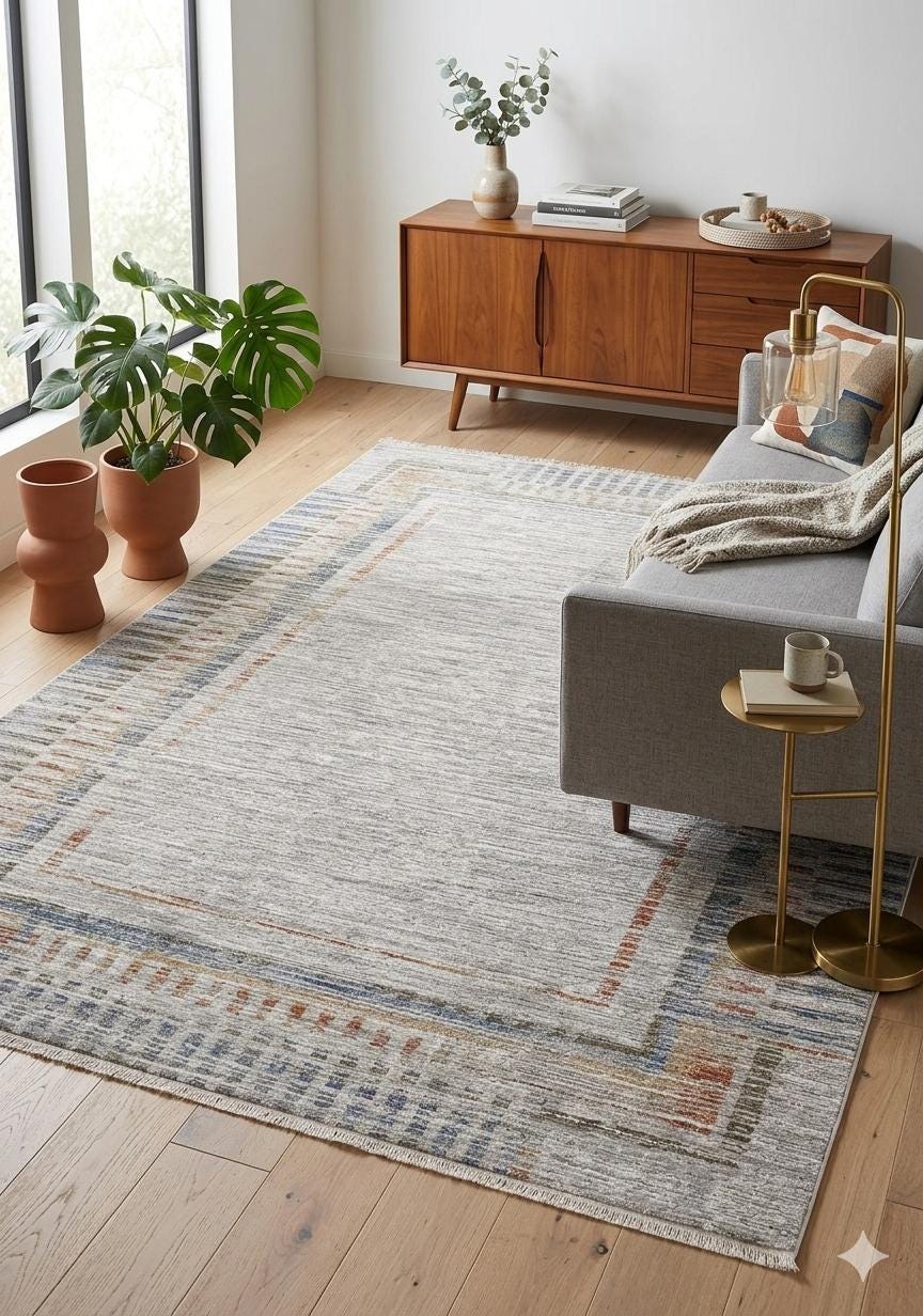 Light Gray Abstract Area Rug – Geometric Border, Neutral Boho Decor, 7x10ft