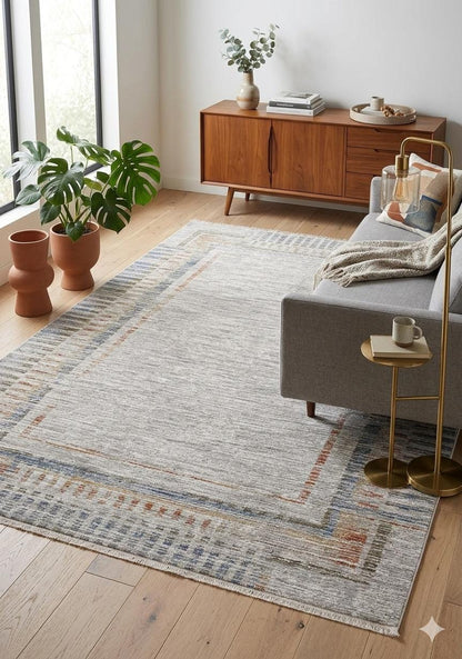 Light Gray Abstract Area Rug – Geometric Border, Neutral Boho Decor, 7x10ft