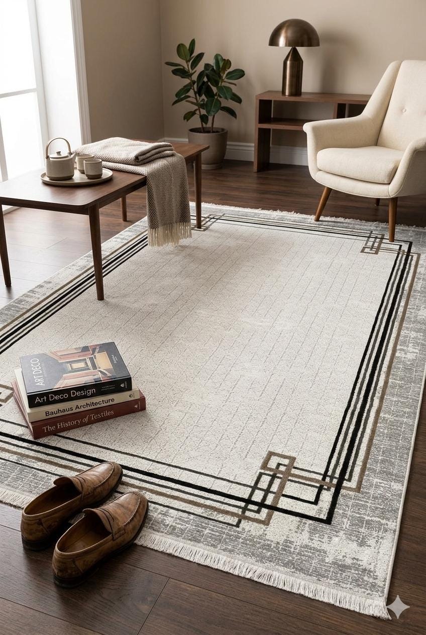 Modern Art Deco Border Rug – Geometric Neutral Area Rug (200x300 cm)