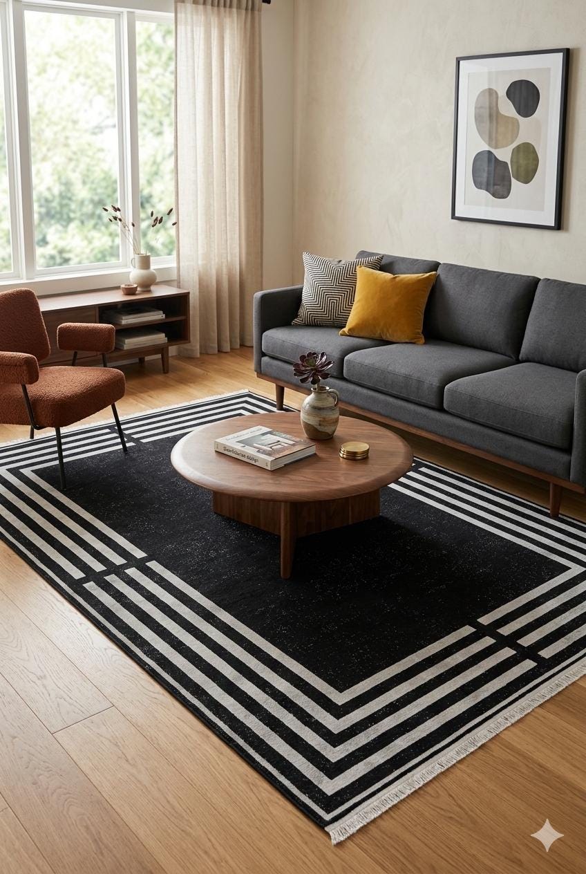 Modern Black Geometric Border Rug, Minimalist Living Room Carpet