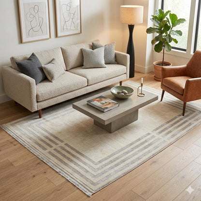Modern Geometric Area Rug – Cream Grey Minimalist Border Design – Soft Neutral Carpet