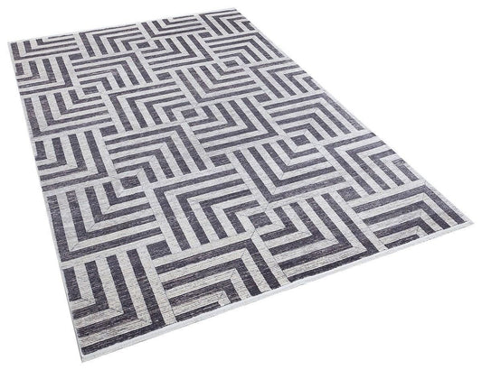 5x7 ft, Modern Gray Geometric Bamboo Rug with fine fringes
