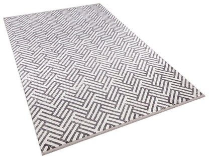 5x7 ft, Modern Gray Geometric Bamboo Rug with fine fringes