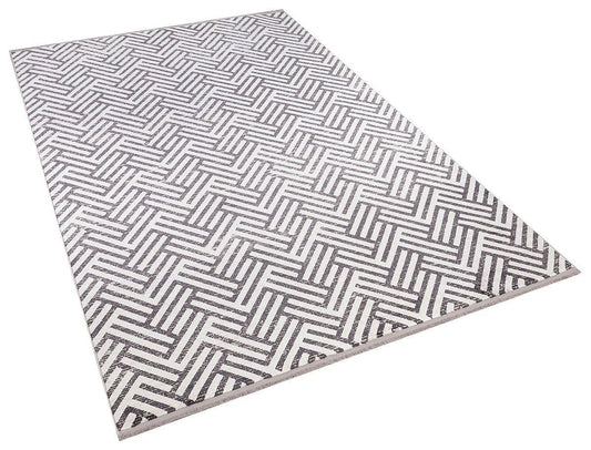 5x7 ft, Modern Gray Geometric Bamboo Rug with fine fringes