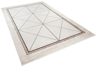 7x10 ft, Modern Cream Bamboo Rug: Bordered viscose carpet with fine fringes