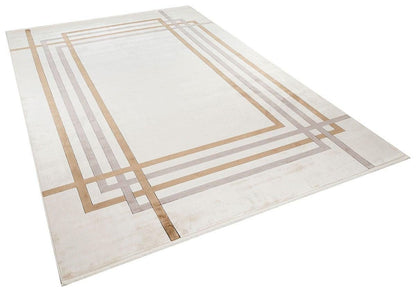 7x10 ft, Modern Cream Bamboo Rug: Bordered viscose carpet with fine fringes