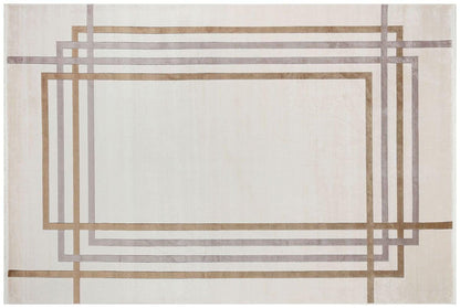 7x10 ft, Modern Cream Bamboo Rug: Bordered viscose carpet with fine fringes
