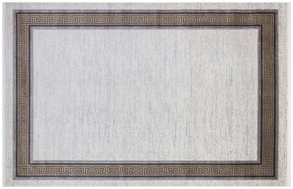 7x10 ft, Modern Cream Bamboo Rug: Bordered viscose carpet with fine fringes