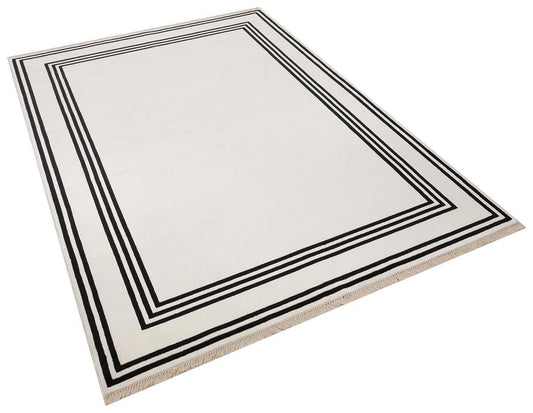 5x7 ft, Modern White Bordered Bamboo Rug with fine fringes