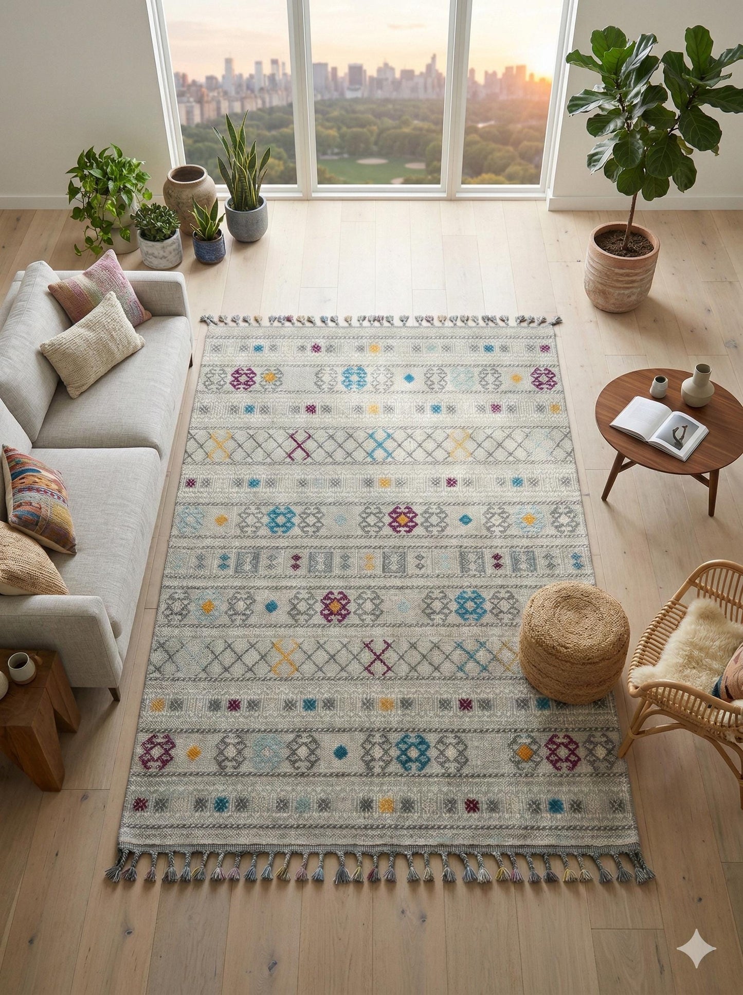 Gray Textured Geometric Carpet with Tassels, Minimalist Scandi Home Decor, Neutral Living Room Rug.