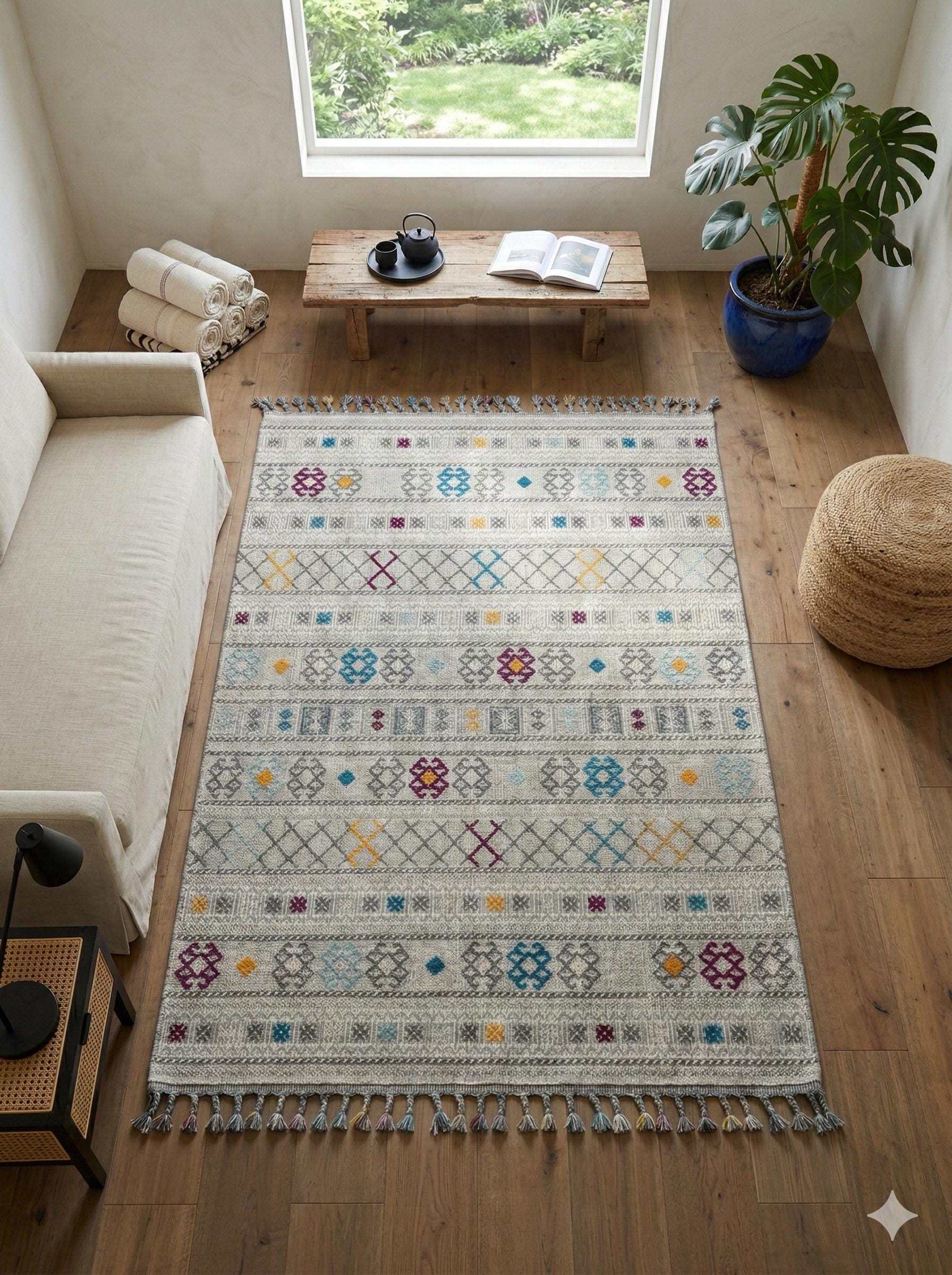 Gray Textured Geometric Carpet with Tassels, Minimalist Scandi Home Decor, Neutral Living Room Rug.