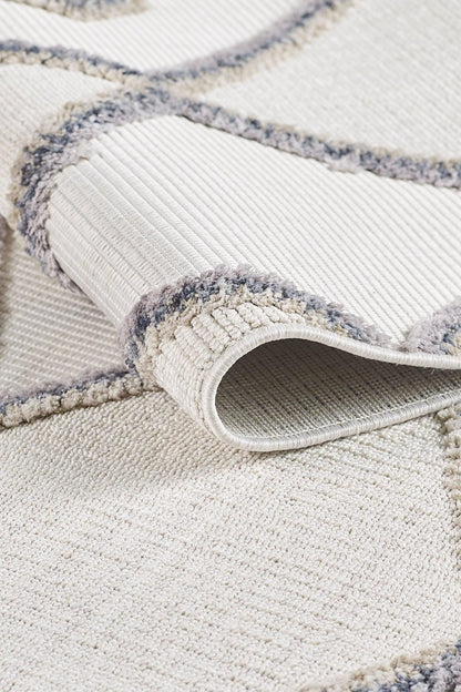 Cream Textured Geometric Carpet with Tassels, Minimalist Scandi Home Decor, Neutral Living Room Rug.