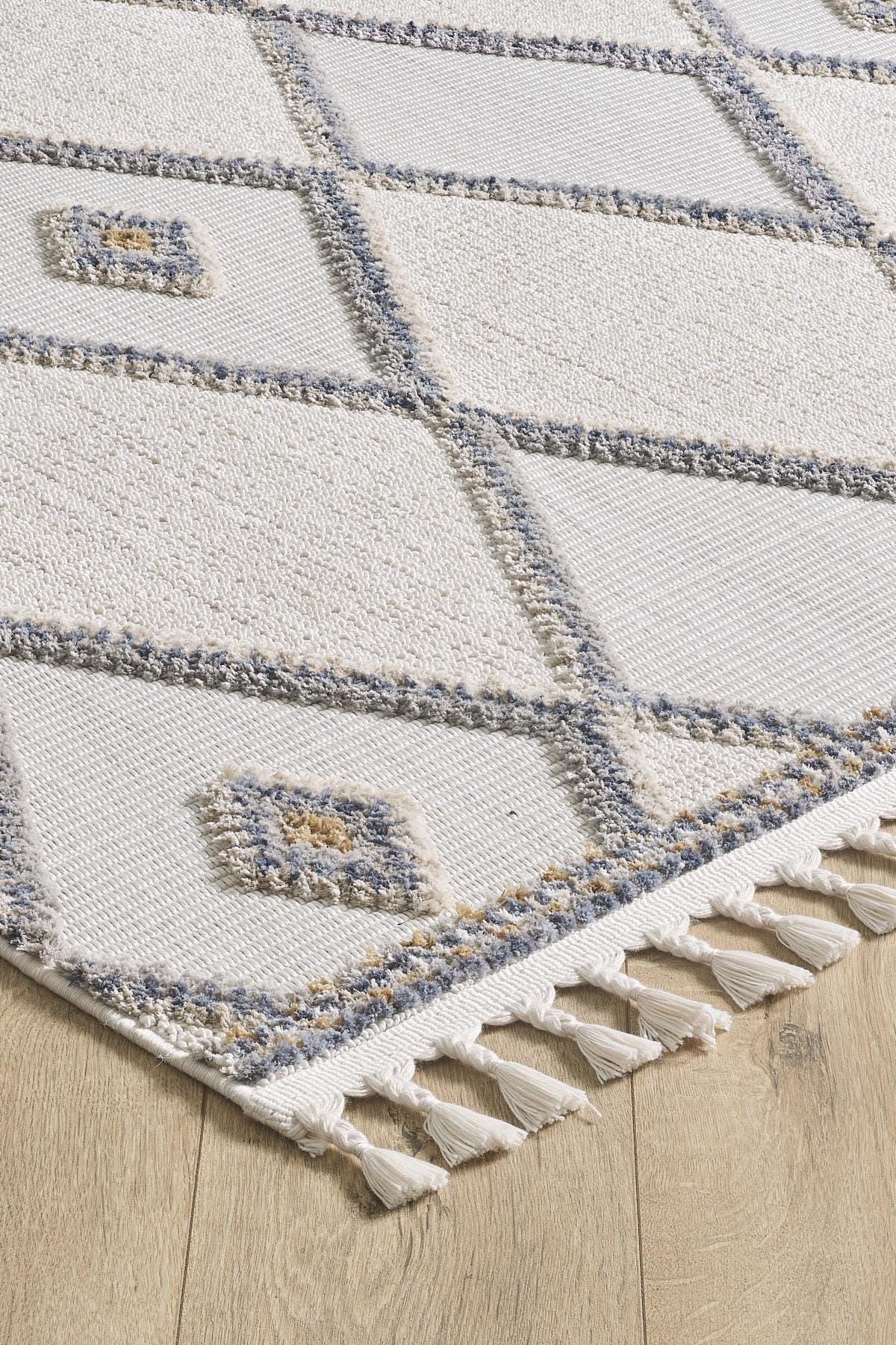 Cream Textured Geometric Carpet with Tassels, Minimalist Scandi Home Decor, Neutral Living Room Rug.