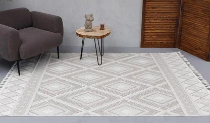 Cream Textured Geometric Carpet with Tassels, Minimalist Scandi Home Decor, Neutral Living Room Rug.