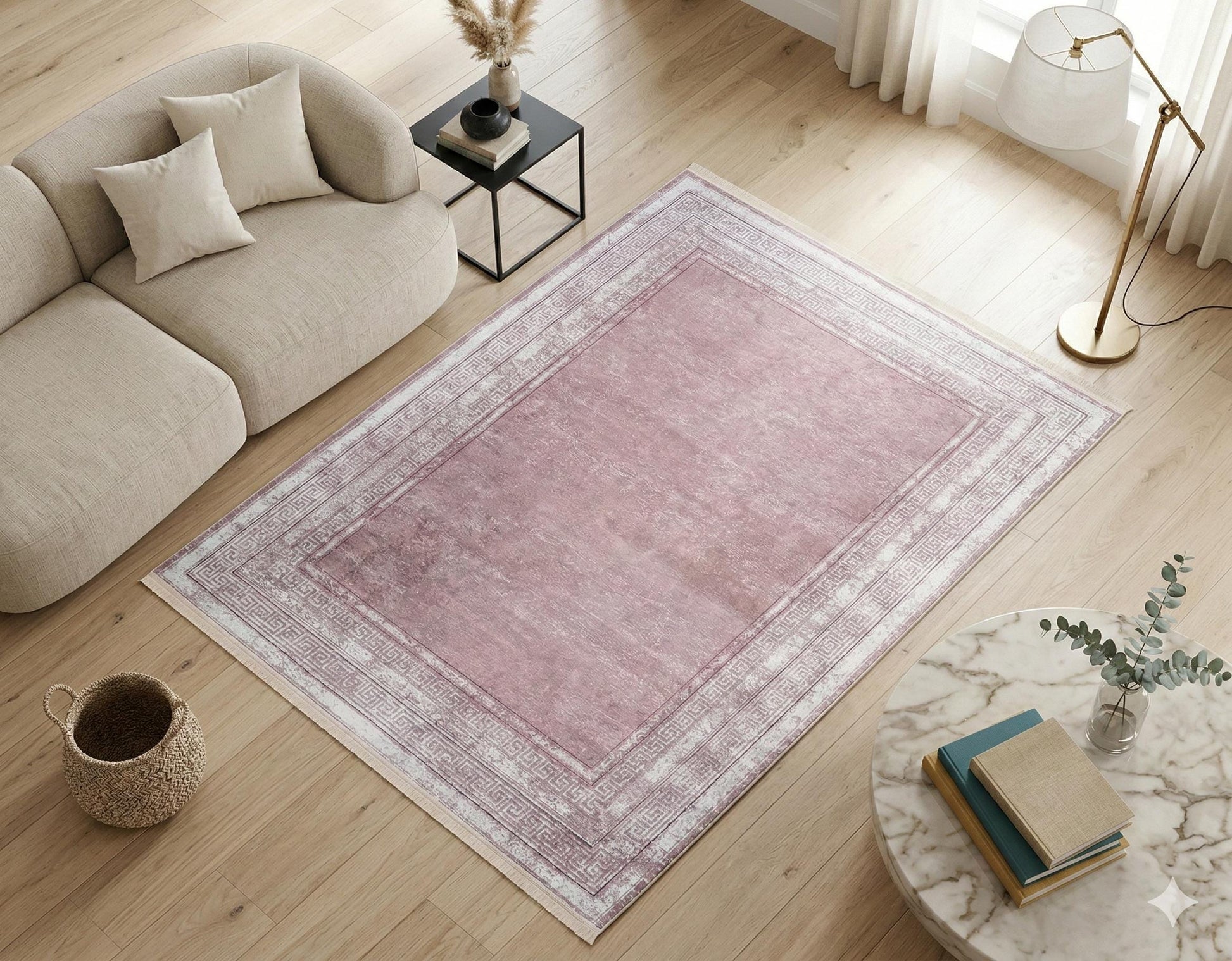 Distressed Mauve Turkish Rug – Greek Key Border, Boho Living Room Area Rug