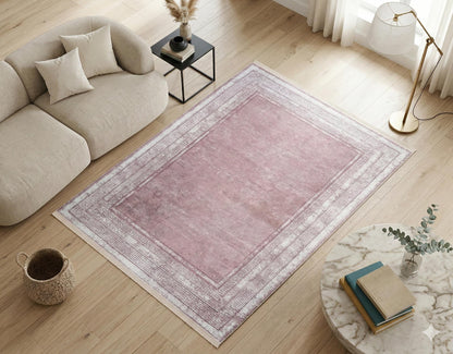 Distressed Mauve Turkish Rug – Greek Key Border, Boho Living Room Area Rug