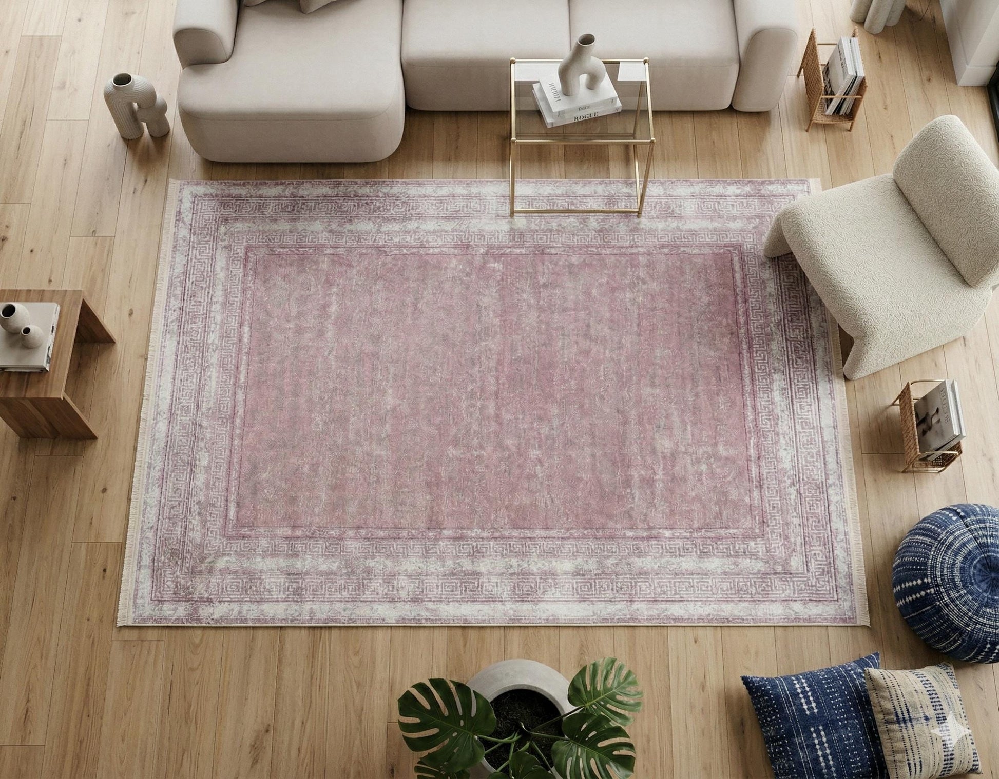 Distressed Mauve Turkish Rug – Greek Key Border, Boho Living Room Area Rug