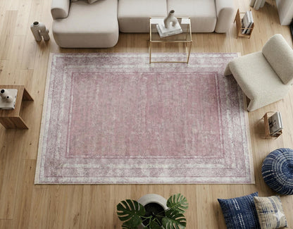 Distressed Mauve Turkish Rug – Greek Key Border, Boho Living Room Area Rug