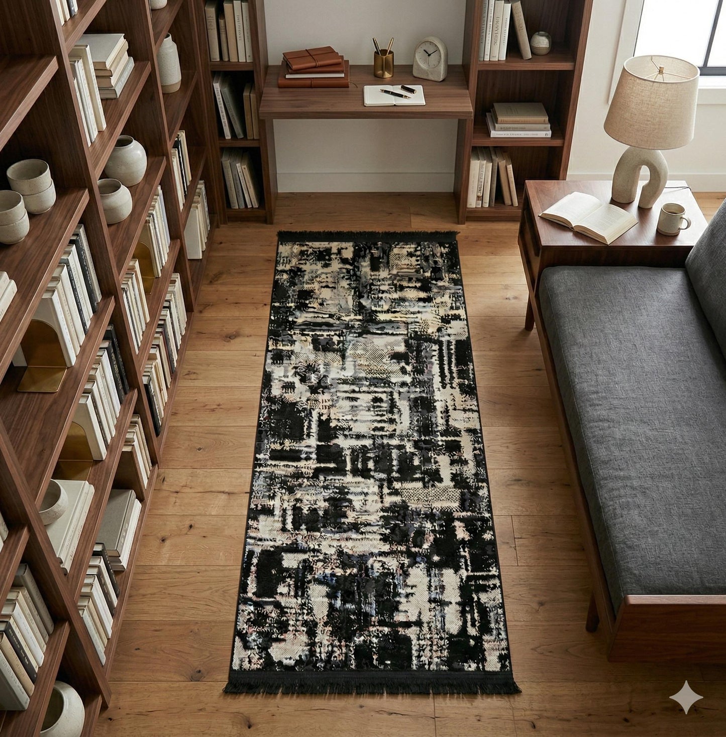 Modern Abstract Runner Rug – Black White Distressed Geometric Texture Scandi Style Mat