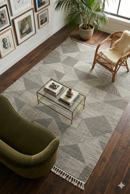 Modern Geometric Area Rug – Grey Cream Abstract Triangle Scandinavian Floor Decor