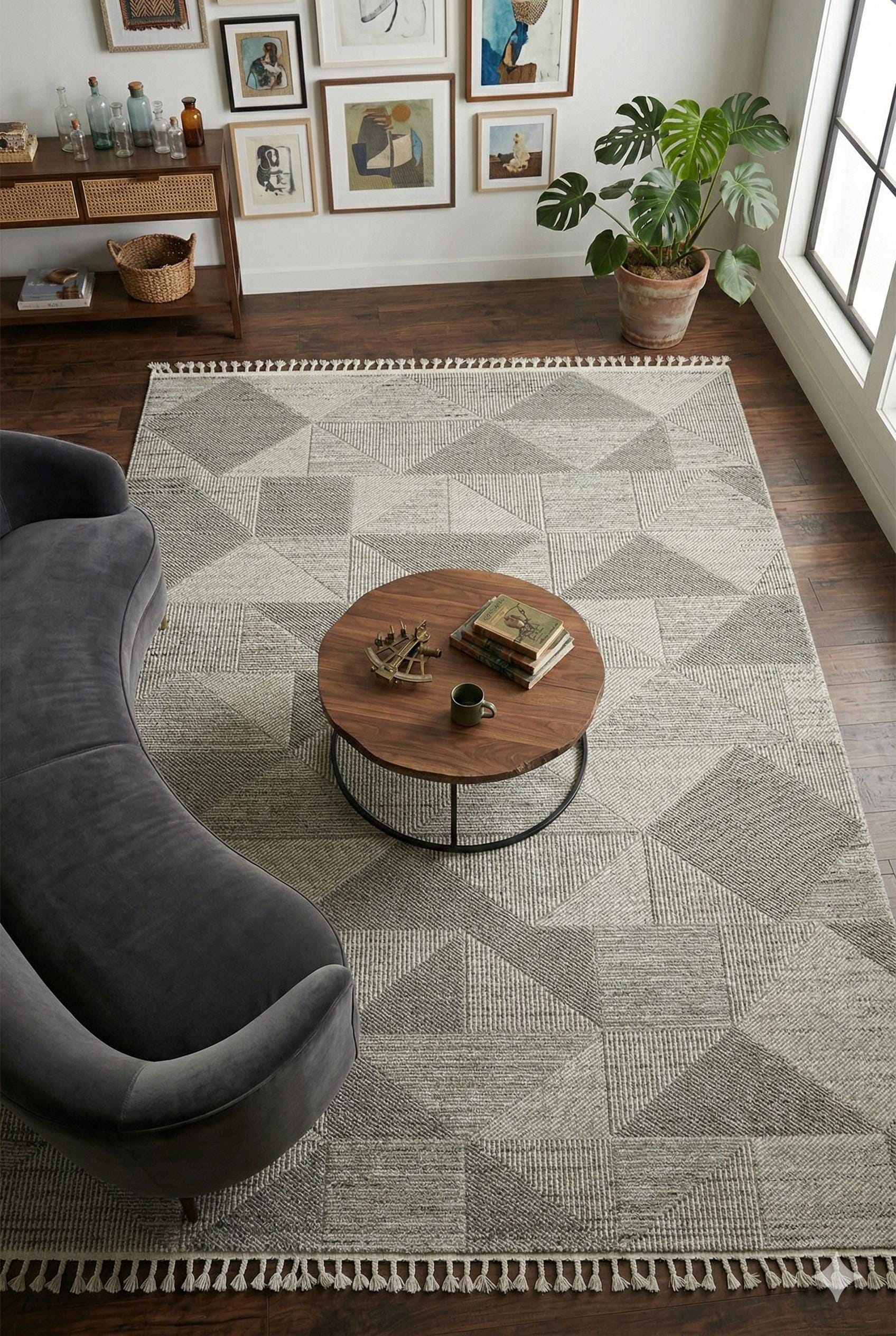Modern Geometric Area Rug – Grey Cream Abstract Triangle Scandinavian Floor Decor