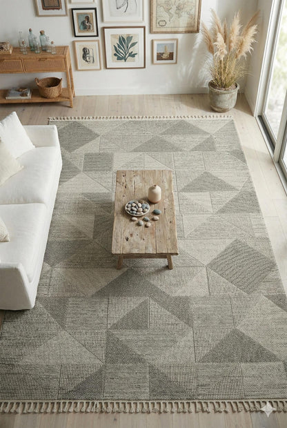 Modern Geometric Area Rug – Grey Cream Abstract Triangle Scandinavian Floor Decor