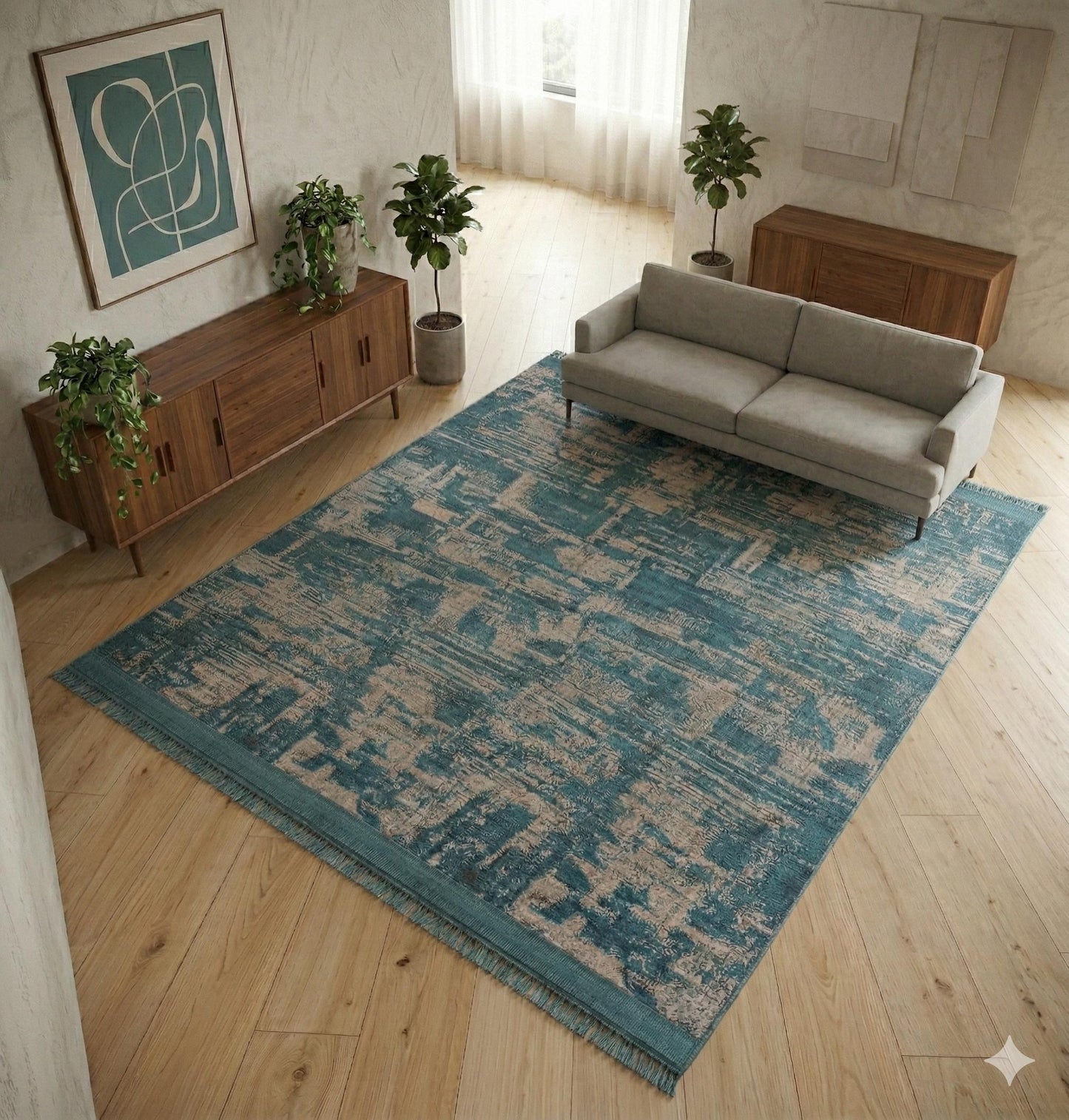 Teal Abstract Area Rug – Distressed Living Room Carpet, Modern Textured Floor Rug
