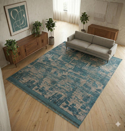 Teal Abstract Area Rug – Distressed Living Room Carpet, Modern Textured Floor Rug