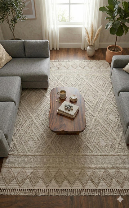 Cream Textured Geometric Carpet with Tassels, Minimalist Scandi Home Decor, Neutral Living Room Rug.